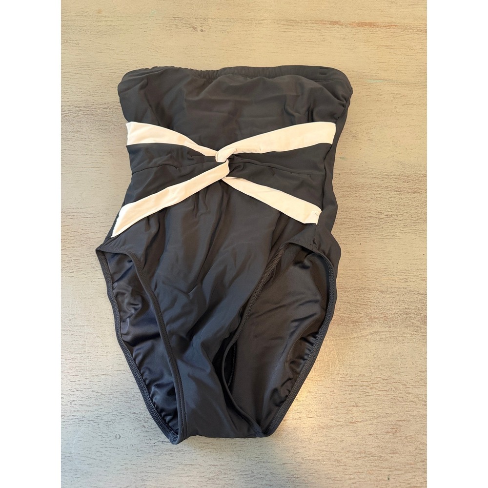 Carabella Vintage Strapless One Piece Swimsuit Black White Twist Bandeau Size 8